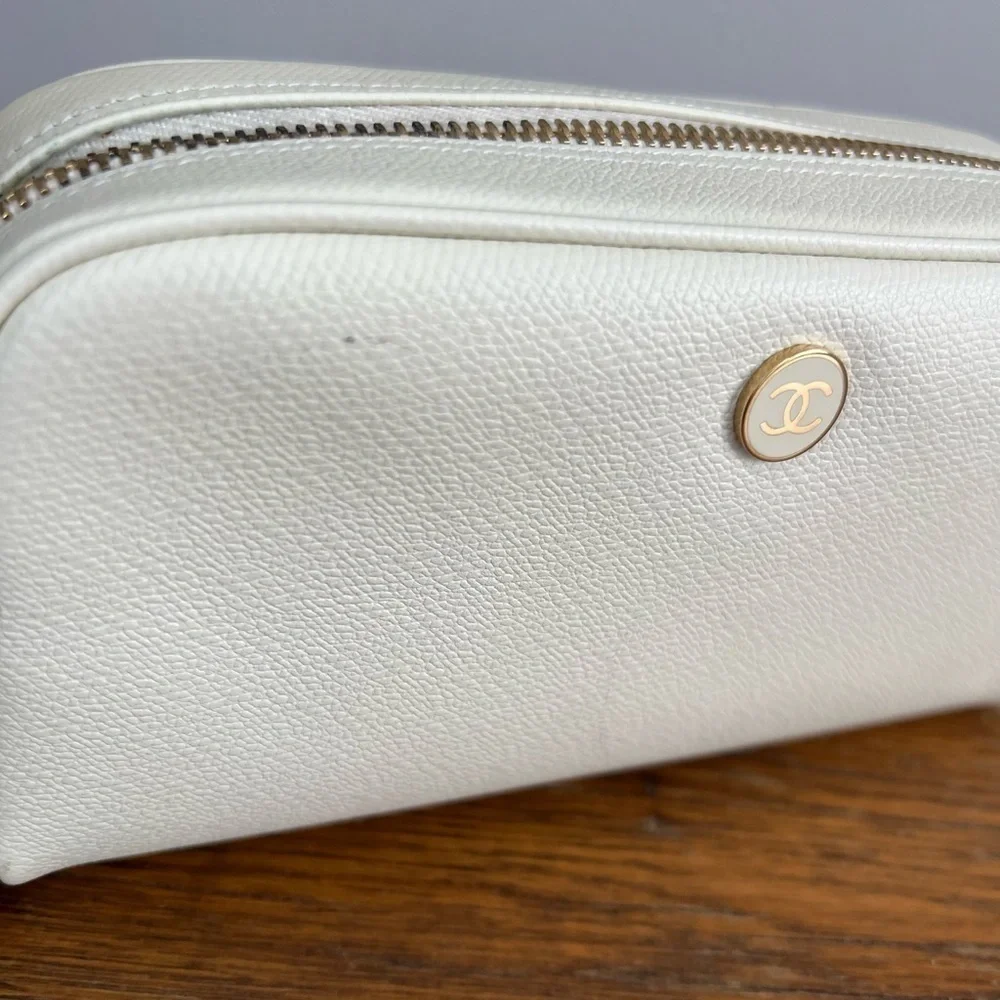 CHANEL Pouch Cosmetic Bag Purse Coco Button Leather Ivory Authentic.